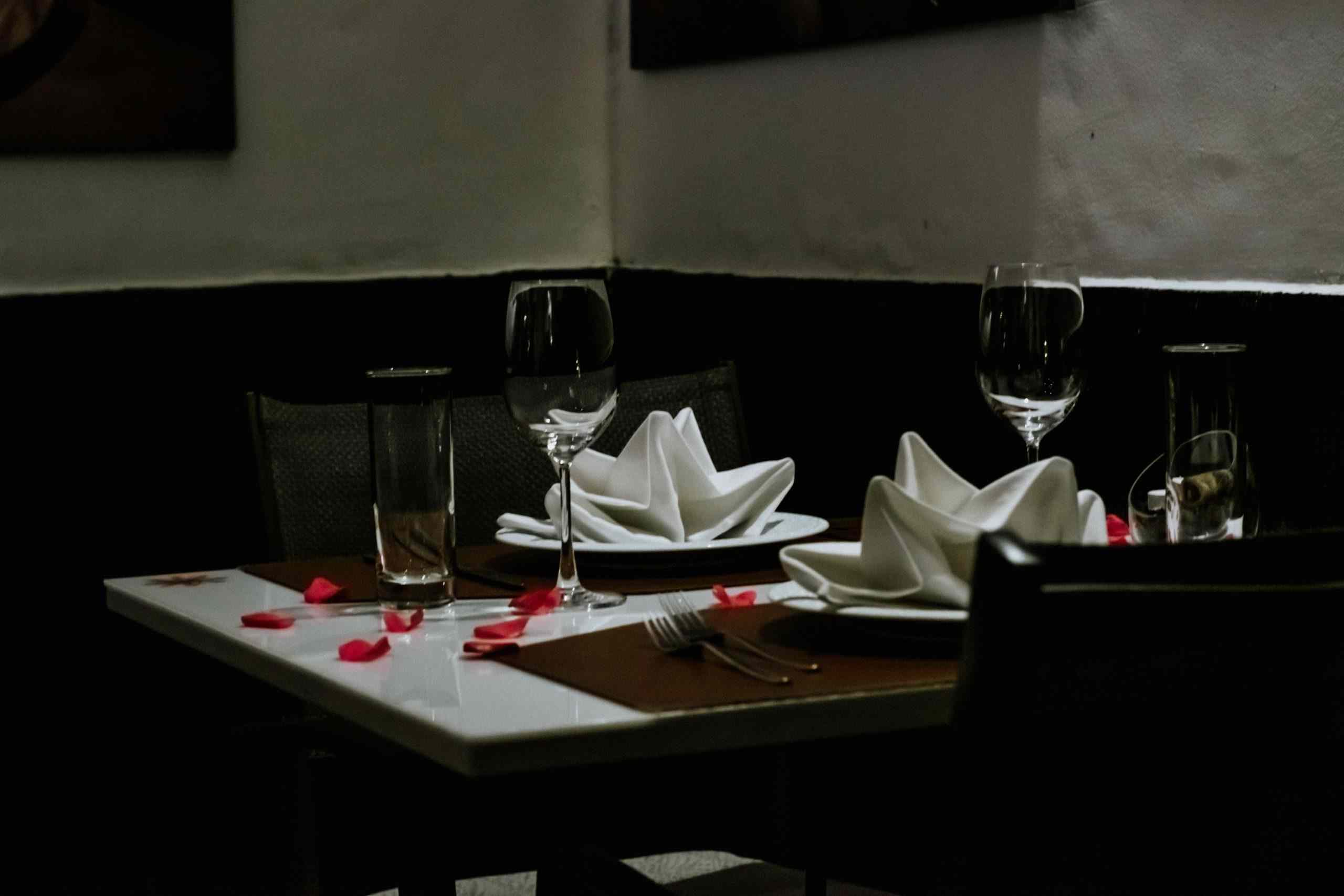 Upscale restaurant dining table with elegant place settings and wine glasses, representing First Restaurant Funding, Restaurant Franchise Financing, Franchise Development Loans, Restaurant Transition Financing, and Restaurant Buildout Loans for entrepreneurs opening, acquiring, renovating, or expanding restaurant businesses.